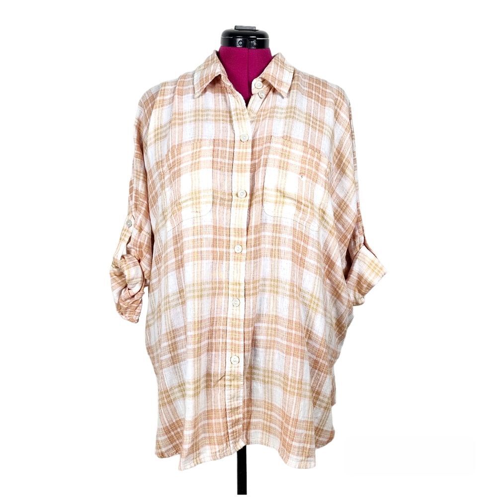American Eagle Linen Blend Oversized Plaid Shirt